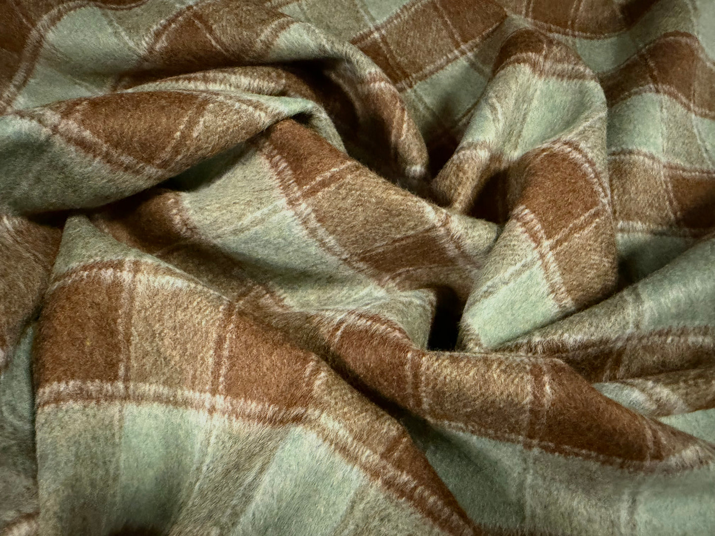 Heavyweight wool flannel fabric, per metre - plaid check - green & brown