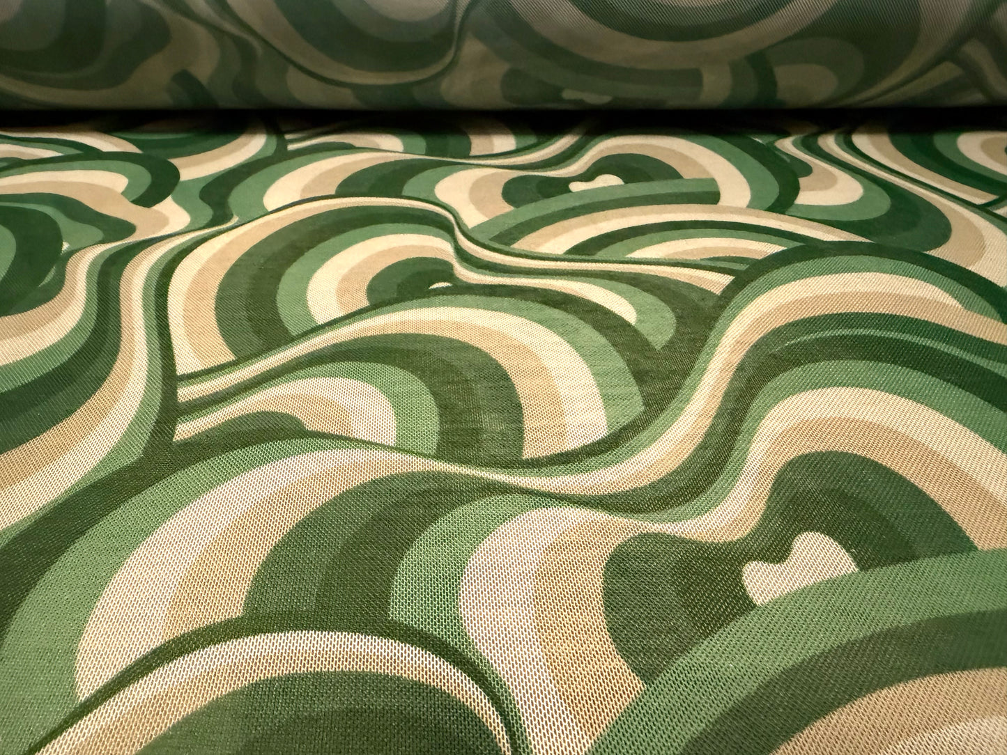 Power mesh net stretch spandex fabric, per metre - retro swirl print - green & beige