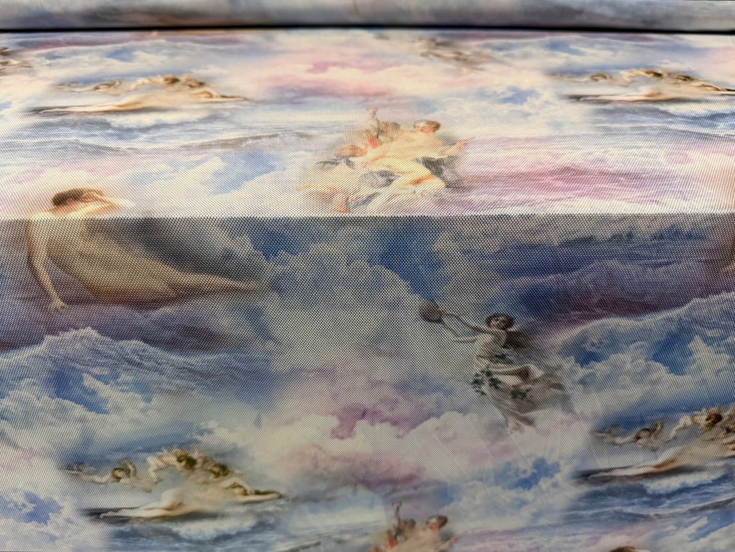 Power mesh net stretch spandex fabric, per metre - Heavenly Angels print - blue & lilac