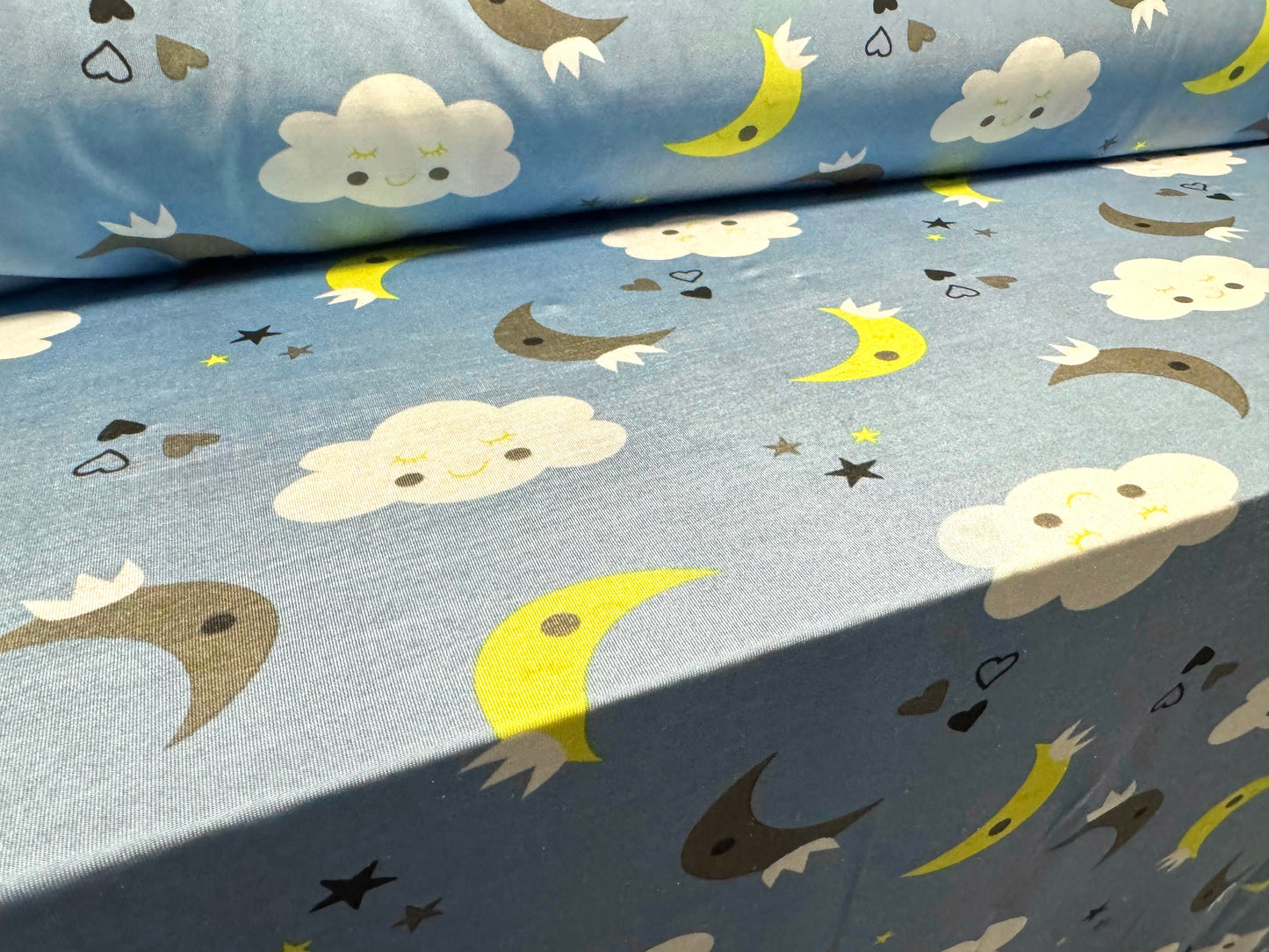 Stretch spandex single jersey fabric, per metre - Lullaby print - blue