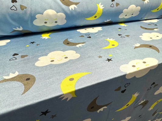 Stretch spandex single jersey fabric, per metre - Lullaby print - blue
