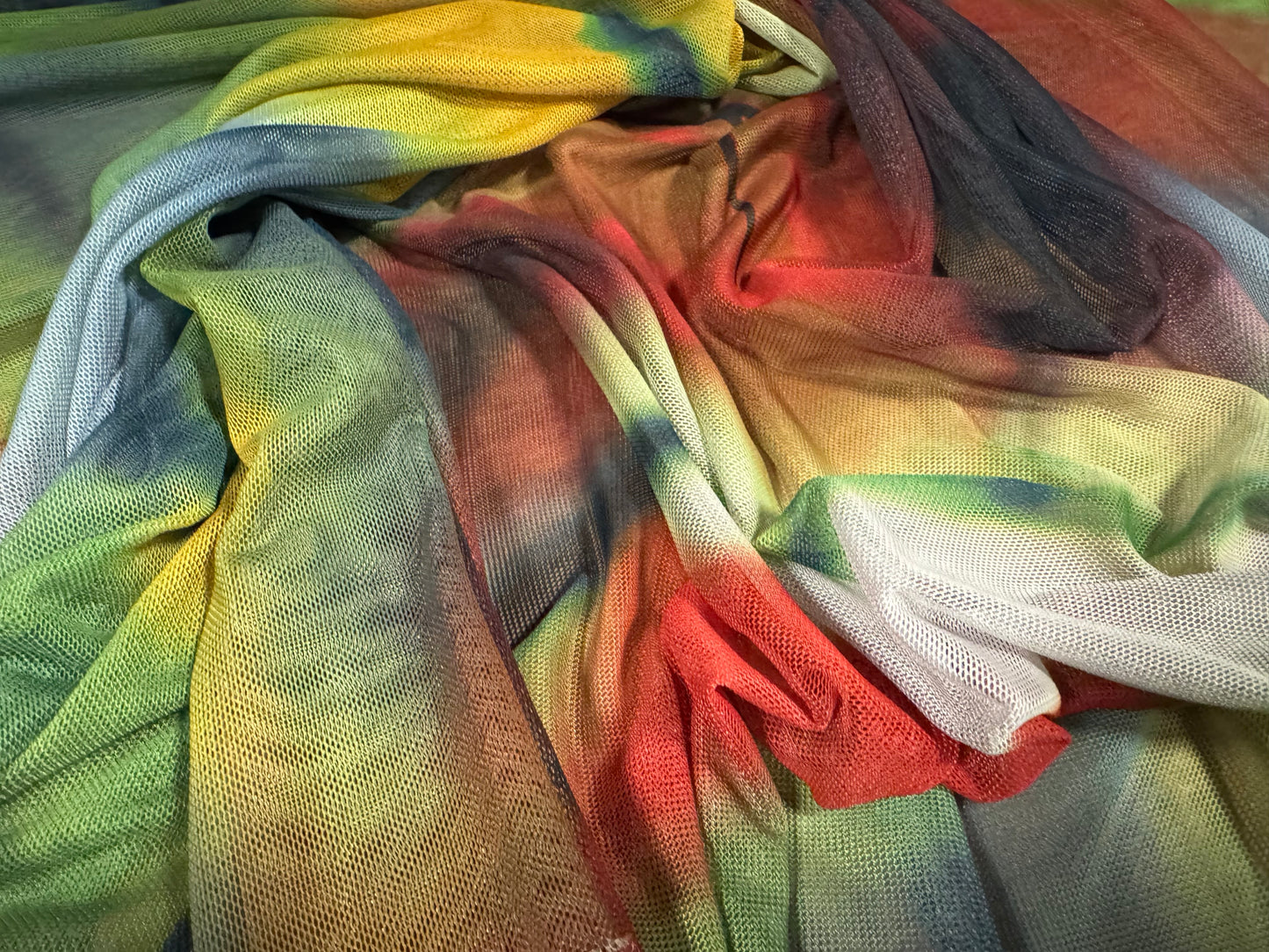 Power mesh net stretch spandex fabric, per metre - Mystic Forest print - multicolour