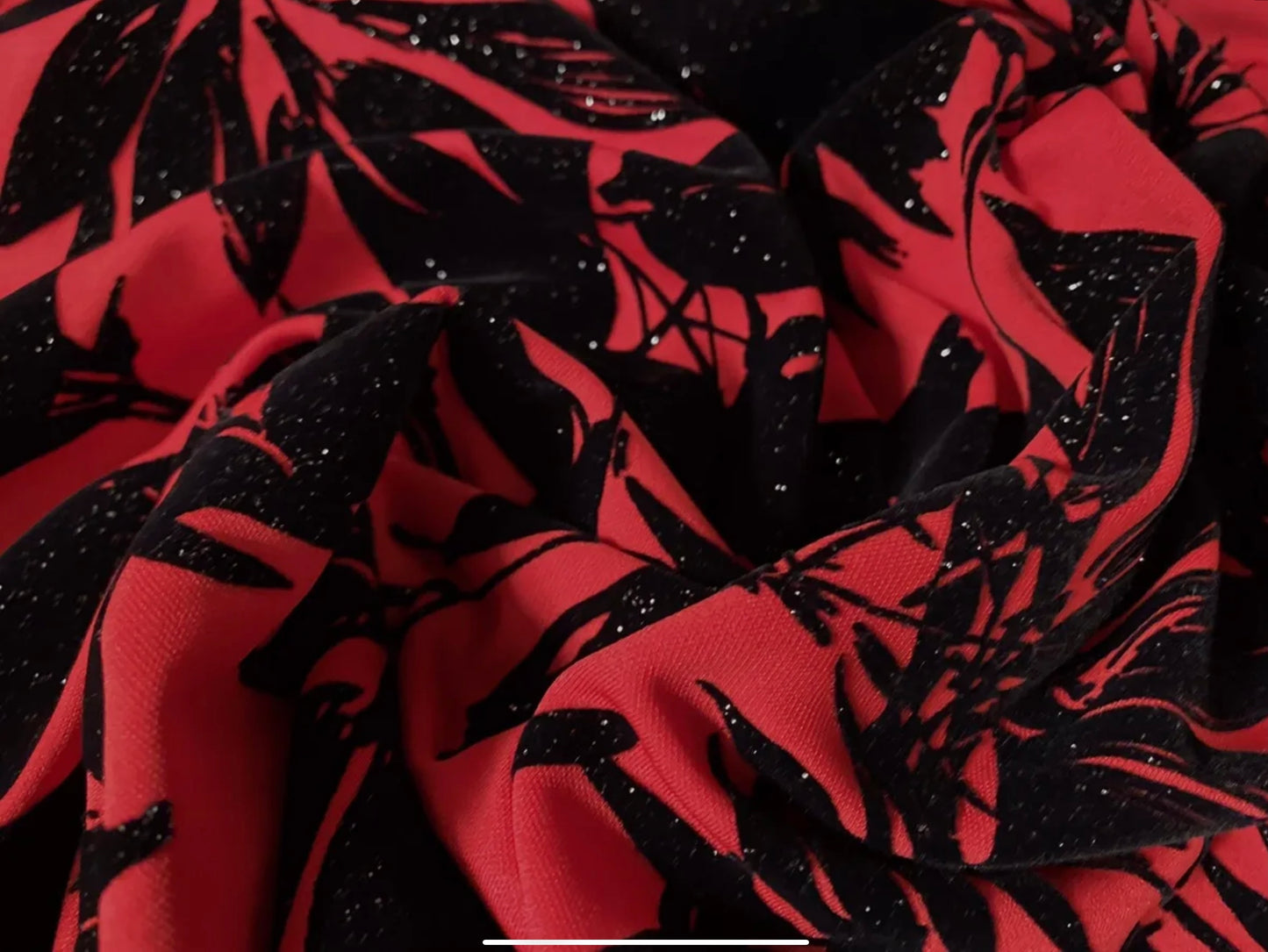 Stretch spandex double jersey fabric, per metre - jungle leaf print with glitter sparkle - red & black