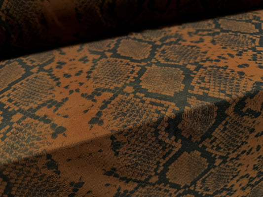 Power mesh net stretch spandex fabric, per metre - snakeskin animal print - chestnut brown