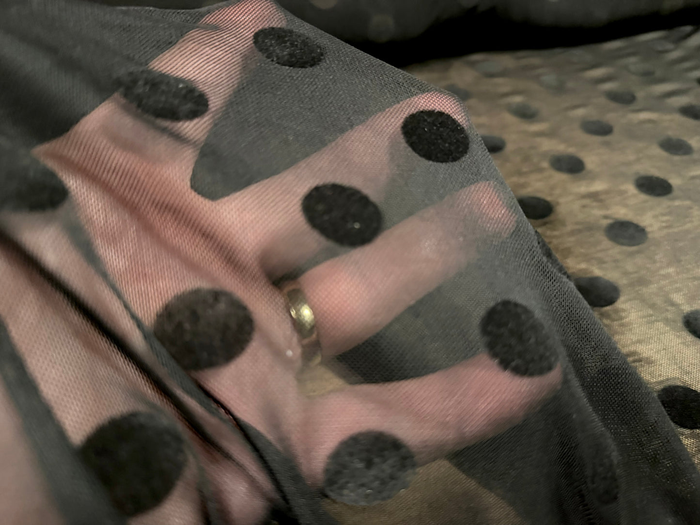 Power mesh net stretch spandex fabric, per metre - Polka dot flock print - black on black (Copy)