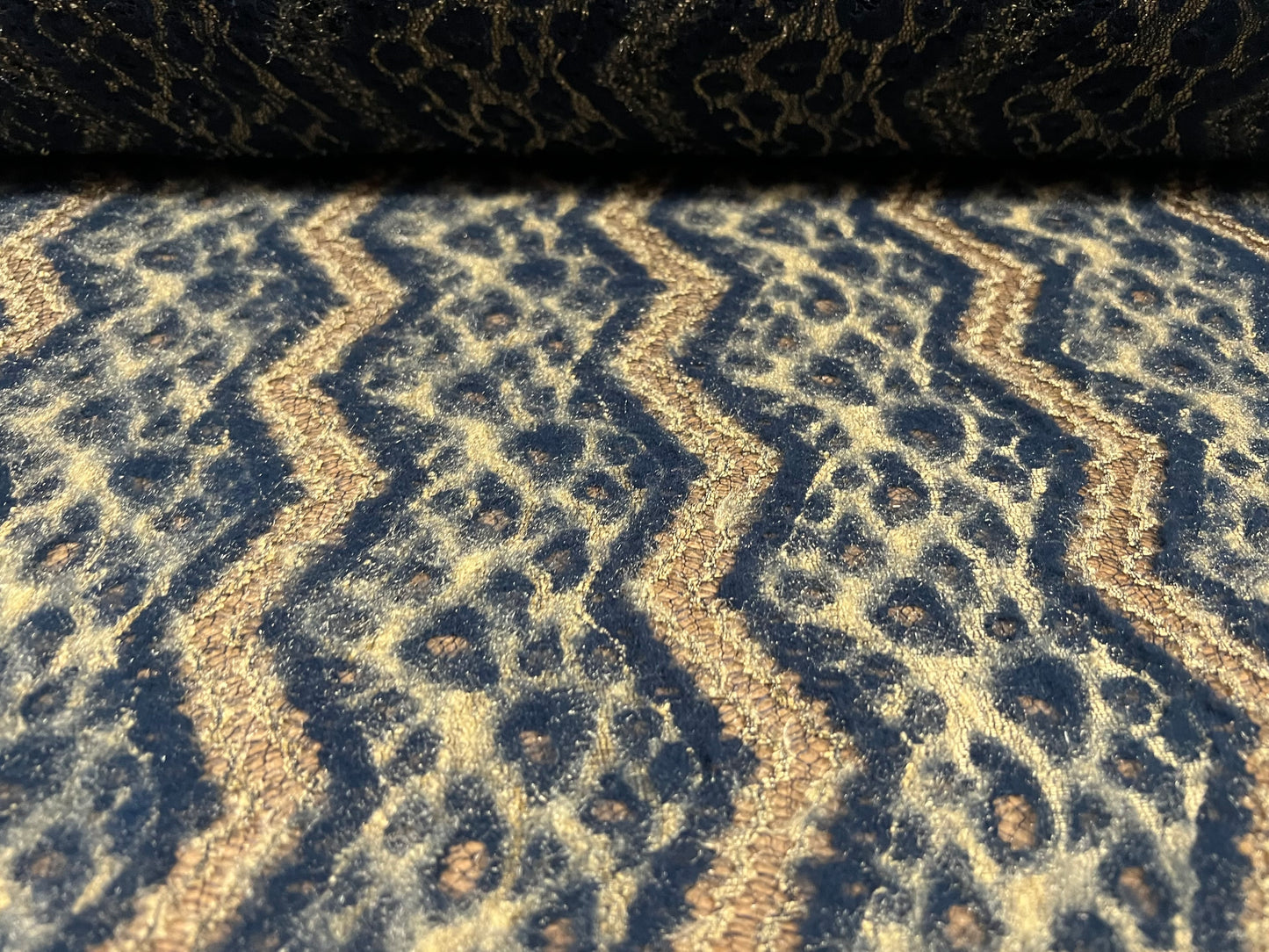 Couture stretch brushed jersey fabric, per metre - animal print - navy blue & gold