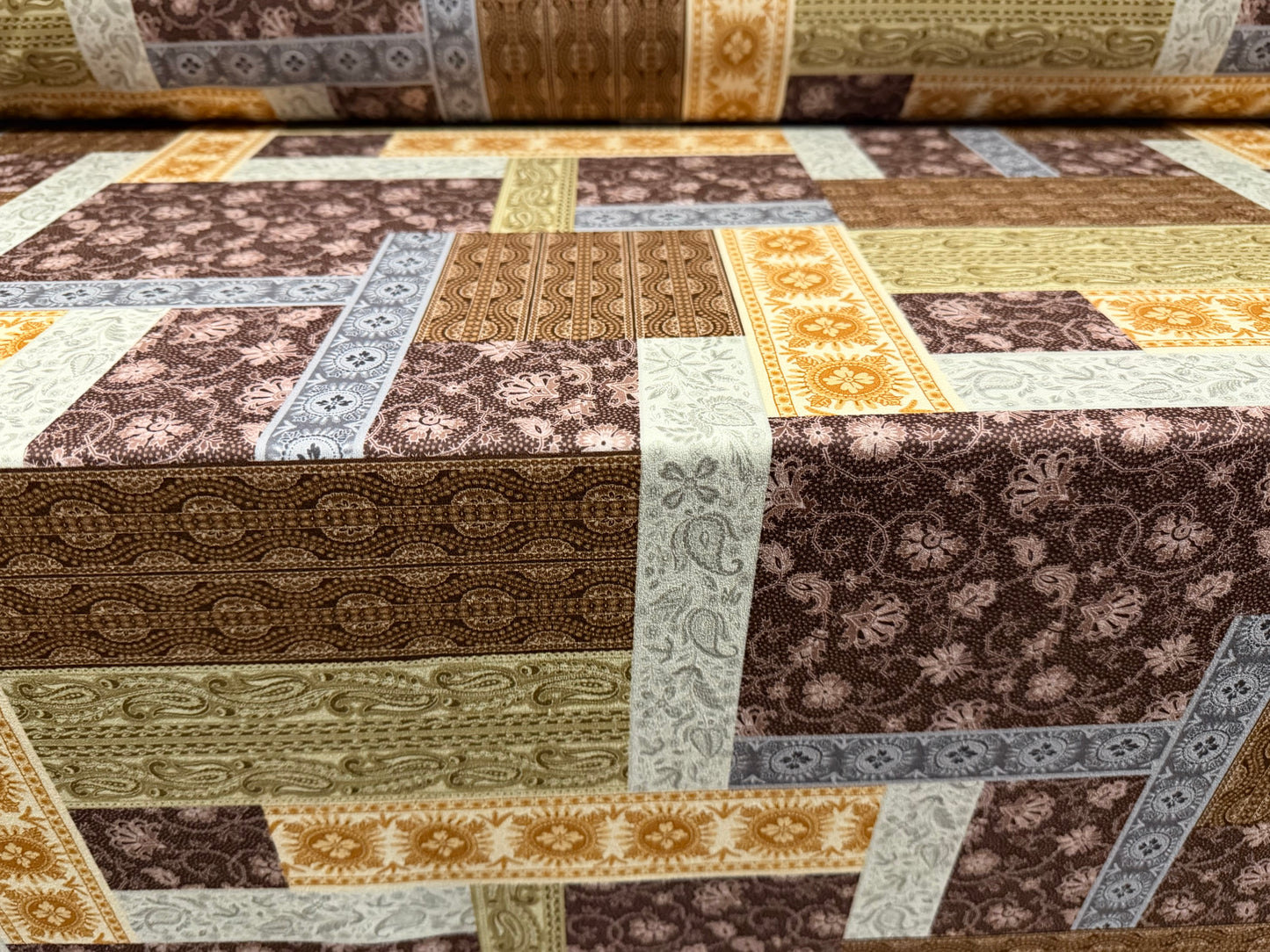 Valentino crepe stretch spandex jersey fabric, per metre - paisley collage print - maroon & brown