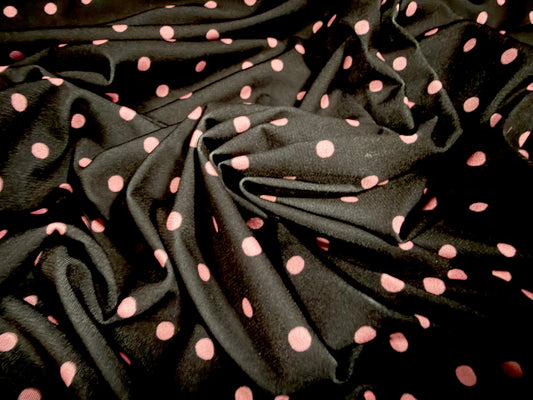 Stretch spandex single jersey ITY fabric, per metre - polka dot print - black & pink