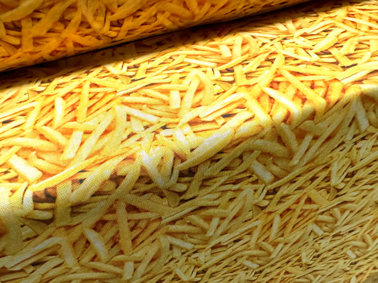 Power mesh net sheer stretch spandex fabric, per metre - French Fries chips print - gold