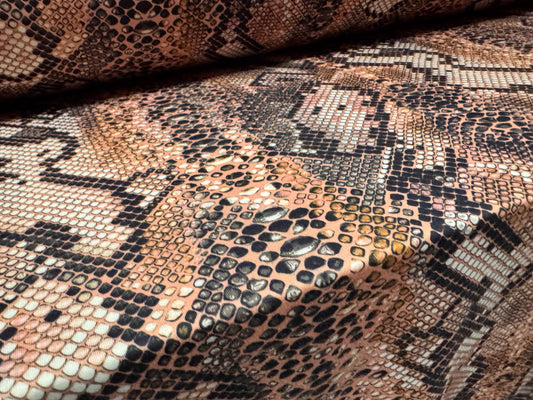 Stretch spandex interlock jersey fabric, per metre - snakeskin animal print - nude & gold