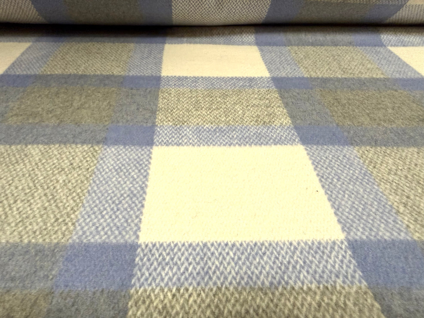 Heavyweight wool flannel brushed coat jacket fabric, per metre - plaid check - sky blue & ivory