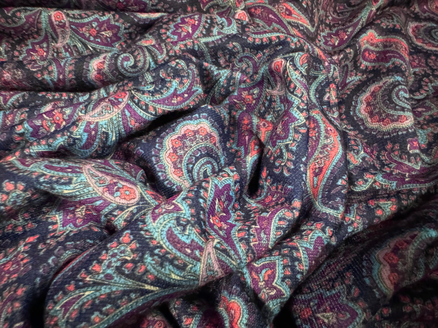 French Terry loopback sweatshirt jersey fabric, per metre - paisley print - navy blue & pink