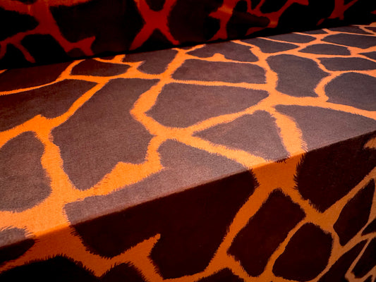 Disco shimmer stretch spandex jersey fabric, per metre - giraffe animal print - orange & brown