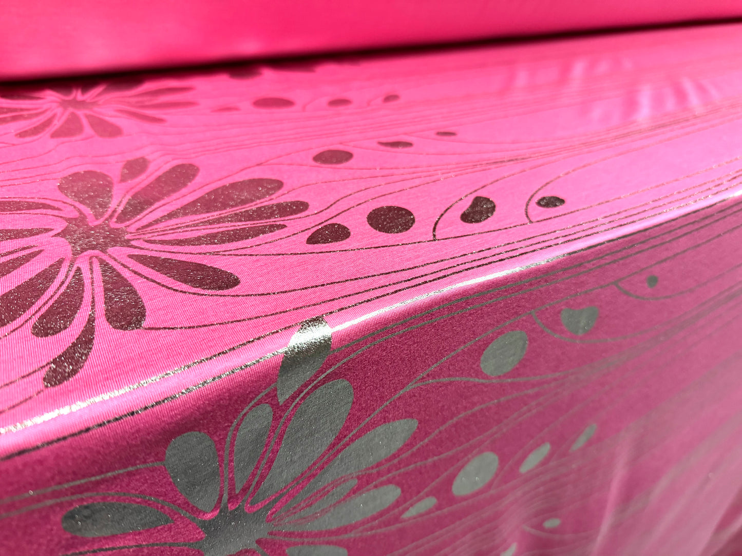 Stretch single jersey fashion fabric, per metre - metallic double border floral print - pink & silver