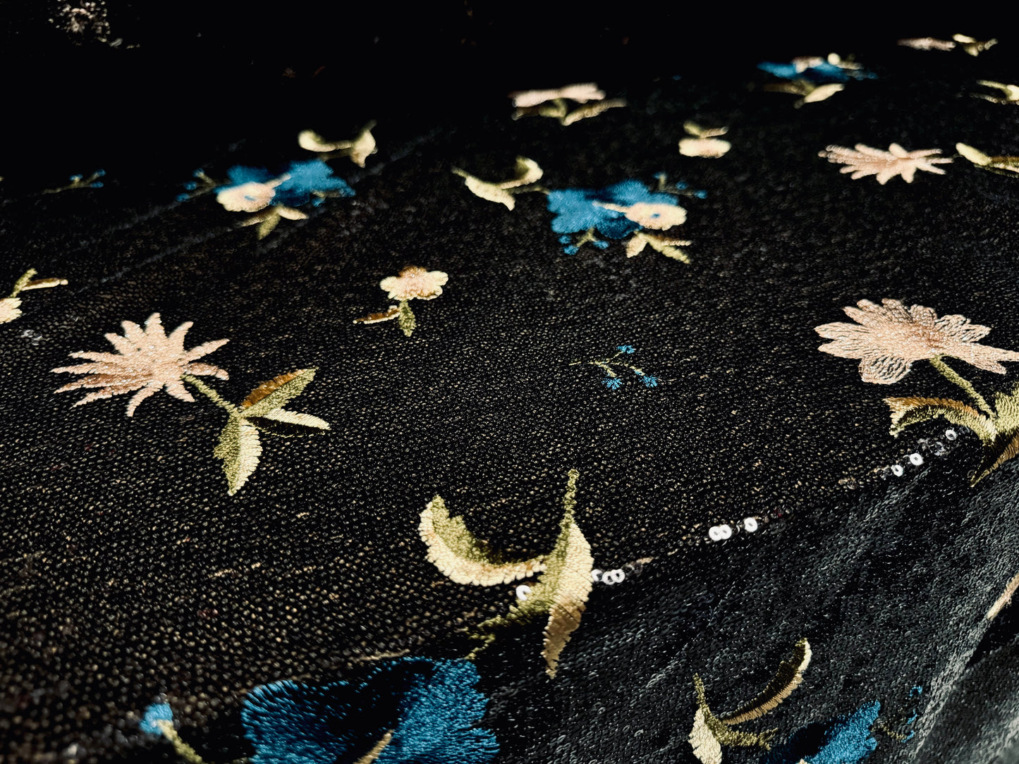 Couture sequin fabric with floral embroidery, per metre - black turquoise & gold