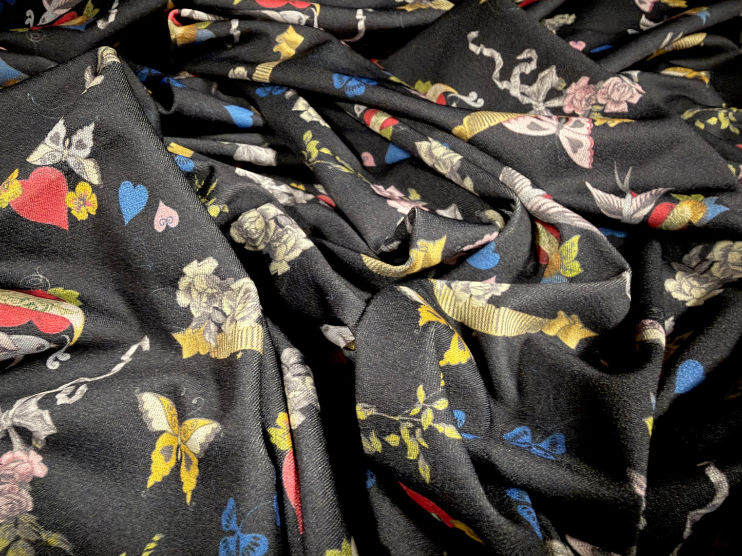 Stretch spandex crepe jersey fabric, per metre - tattoo print - birds and love hearts