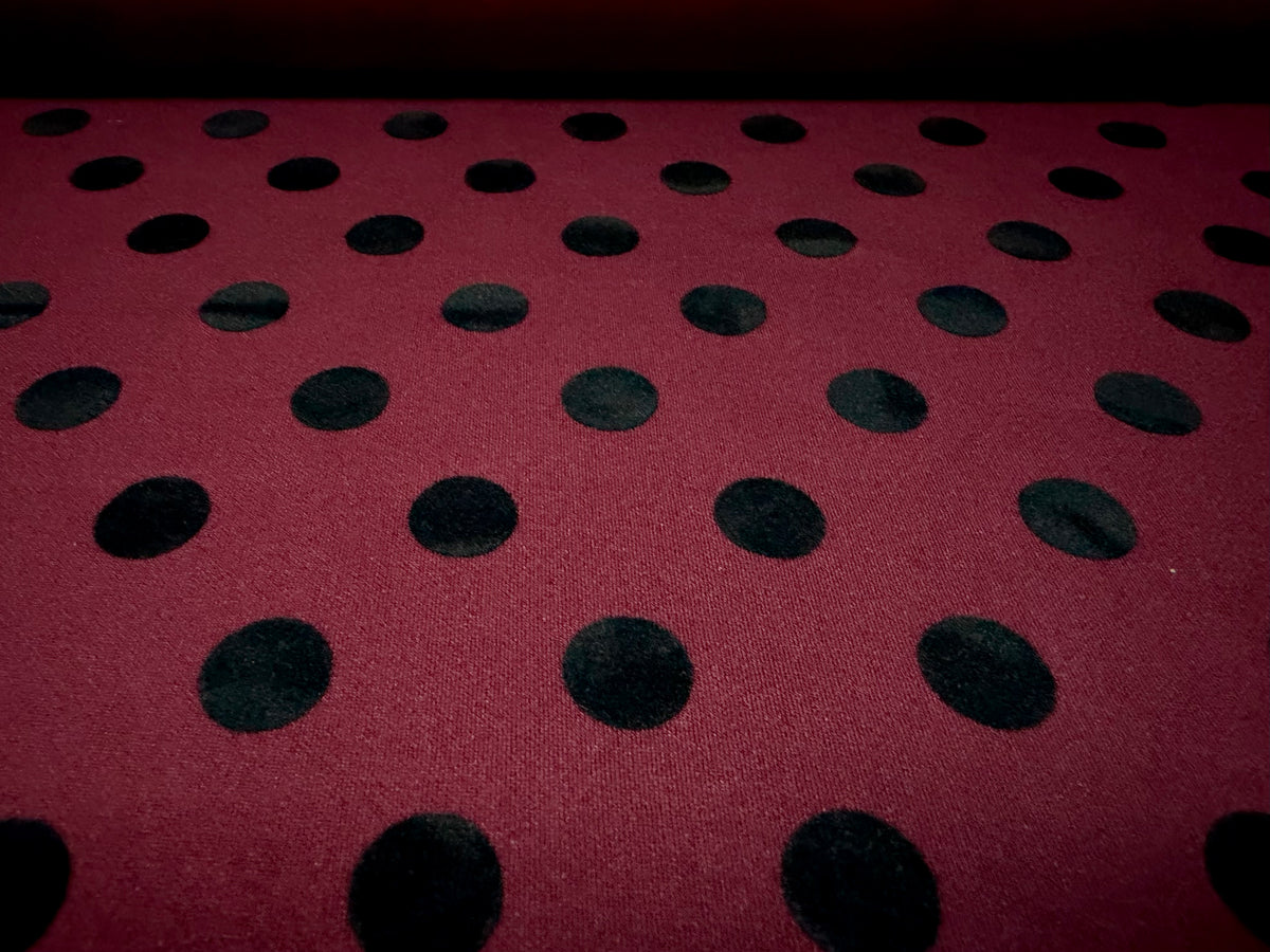Stretch double jersey fabric, per metre - flocked polka dot - burgundy & black