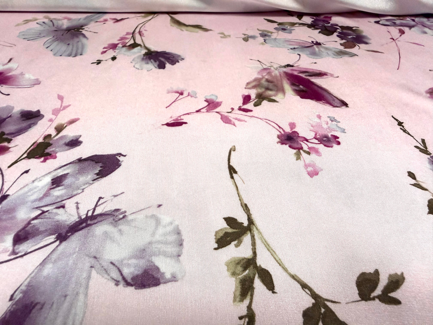 Swimwear stretch spandex jersey fabric, per metre - butterfly garden print - lilac & pink