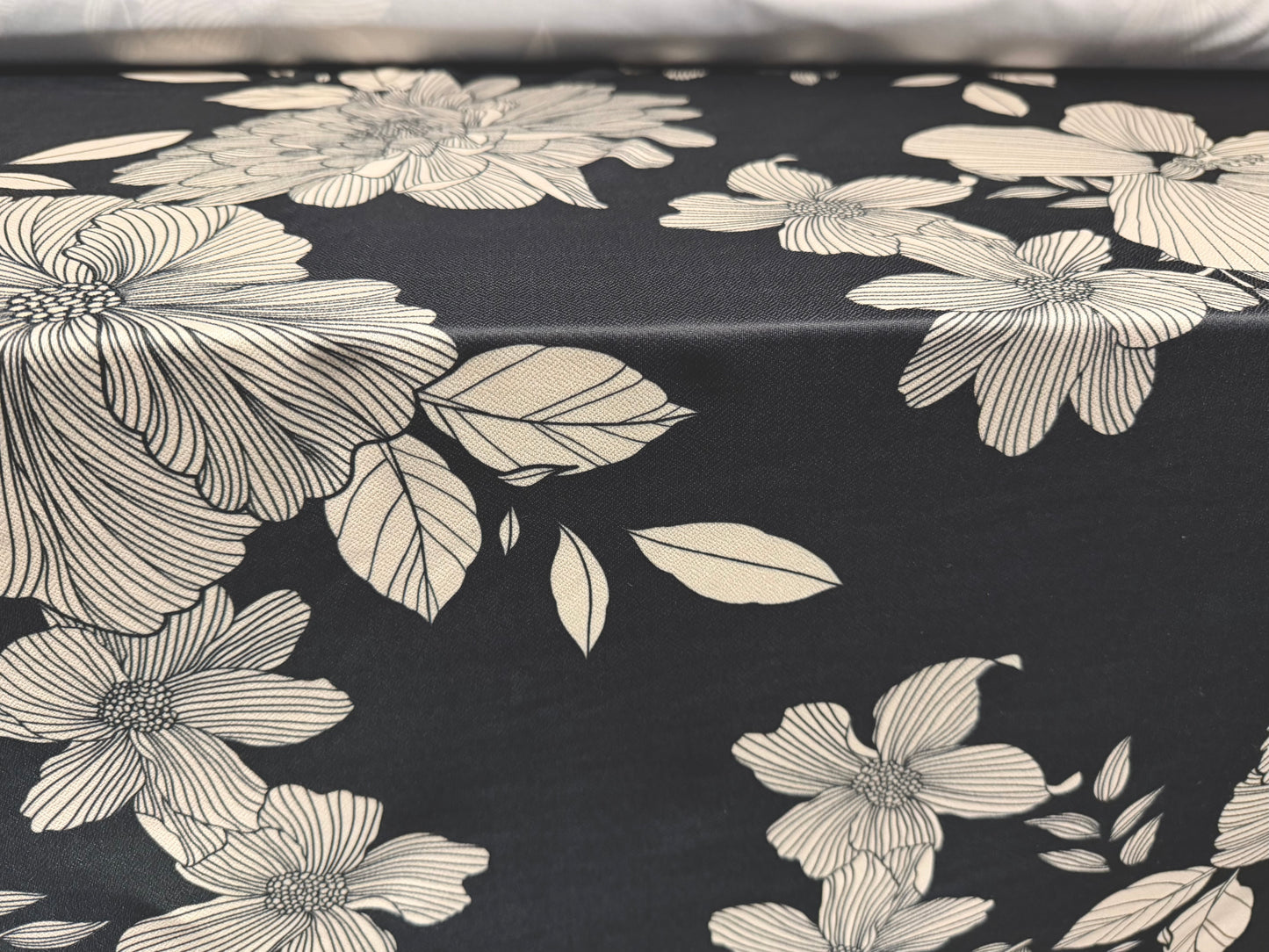 Valentino crepe stretch spandex jersey fabric, per metre - line art floral print - charcoal & ecru