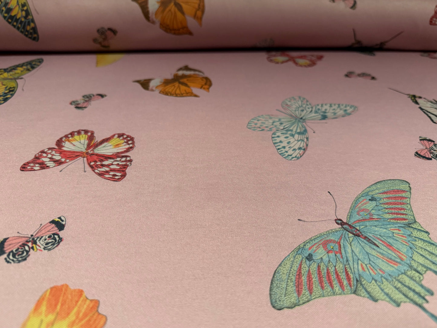 Single jersey fashion fabric, per metre - butterfly print - dusky mauve