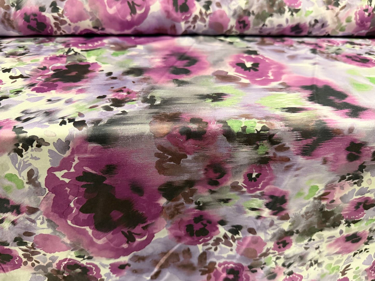 Pongee woven dress fabric, per metre - floral smudge print - magenta