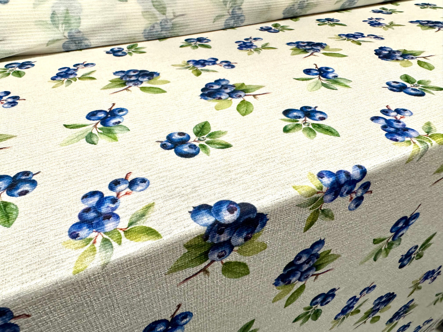 Stretch cheesecloth weave fabric, per metre - blueberry print - ivory