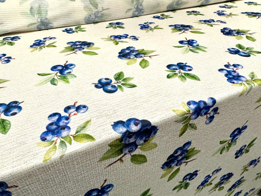 Stretch cheesecloth weave fabric, per metre - blueberry print - ivory