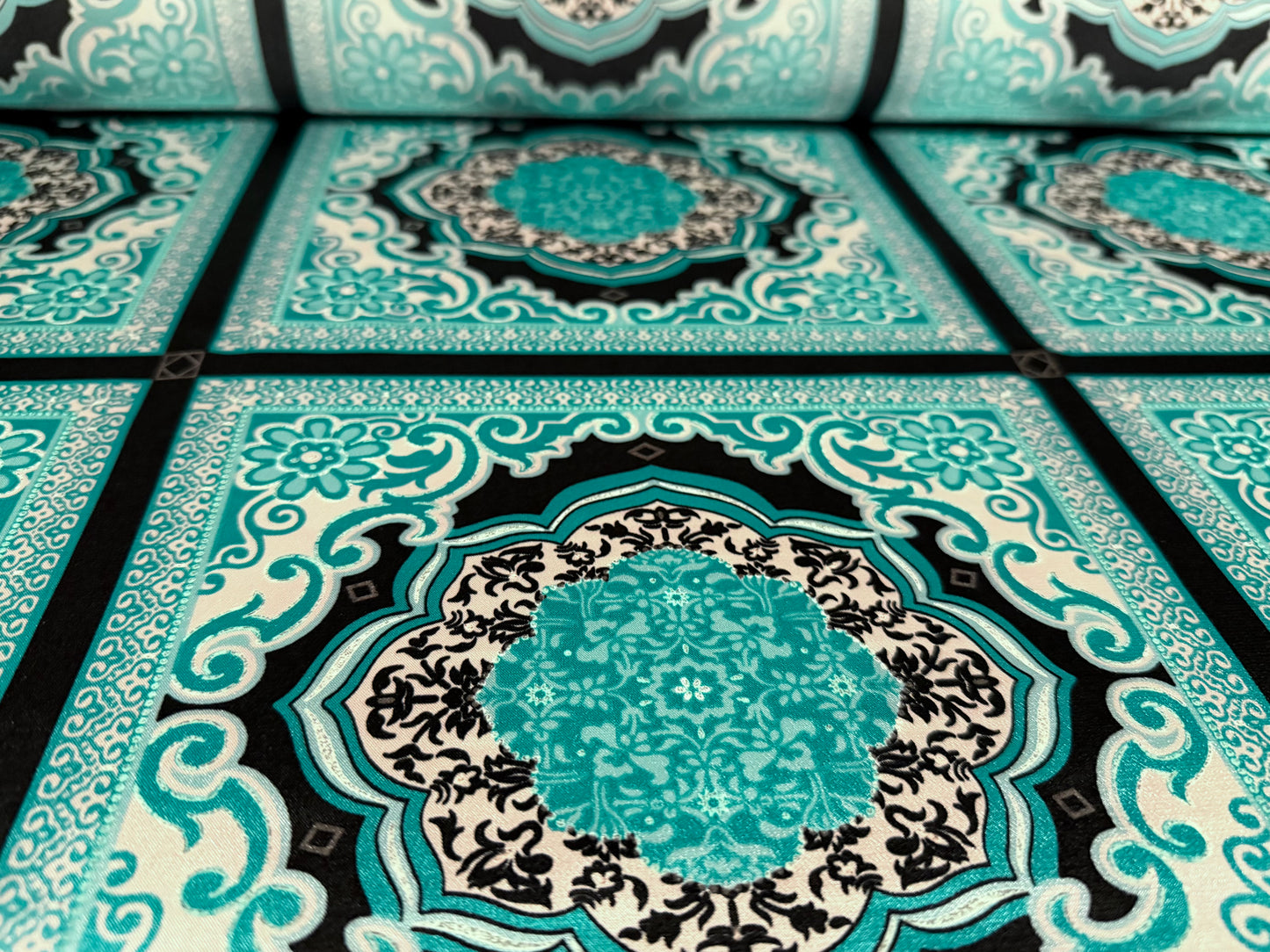 Stretch charmeuse satin fabric, per metre - geometric tile print - turquoise & silver metallic