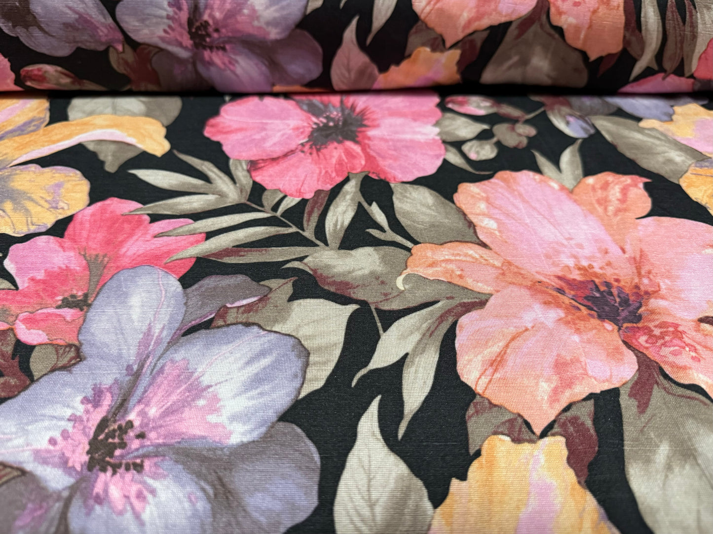 Finely textured stretch spandex single jersey fabric, per metre - orchid flower print - black & pink