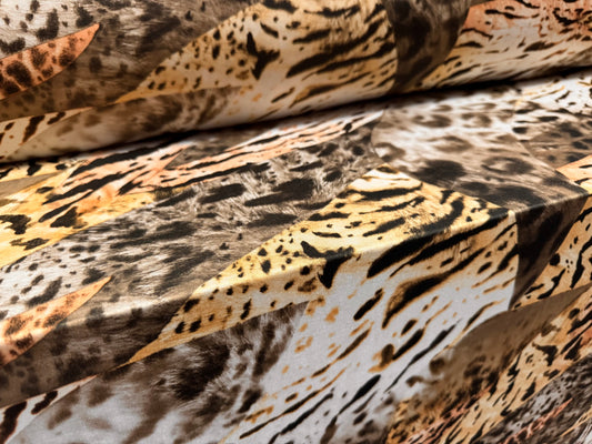 Soft touch stretch spandex single jersey fabric, per metre - animal collage - beige & gold