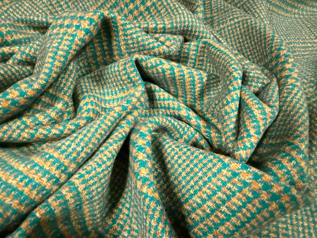 Wool flannel fabric, per metre - dogtooth check - jade green