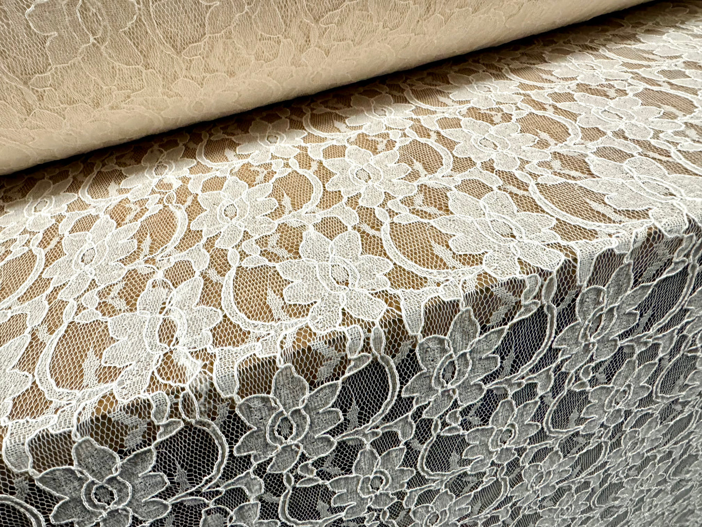 Corded Alencon lace dress fabric with decorative selvedge, per metre - floral - ivory