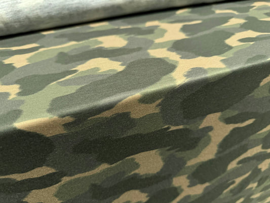 Soft handle single jersey fabric, per metre - camouflage print - khaki green