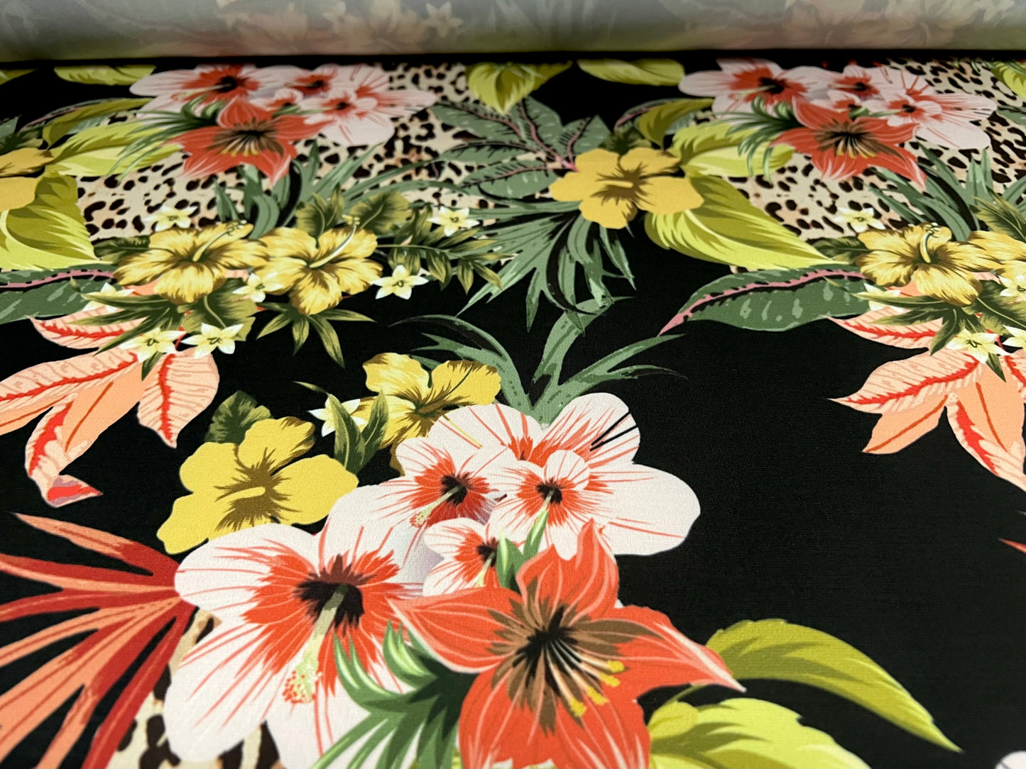 Soft touch stretch spandex single jersey fabric, per metre - exotic flower print - multicolour