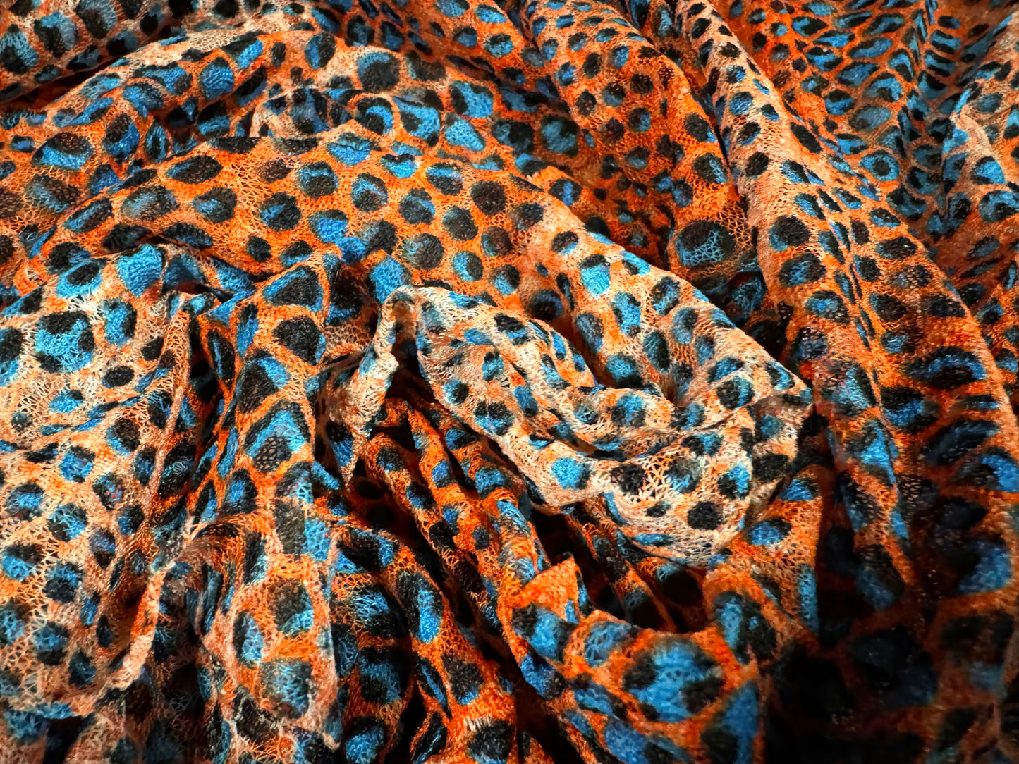 Stretch spandex mesh lace fabric, per metre - abstract print - orange & blue