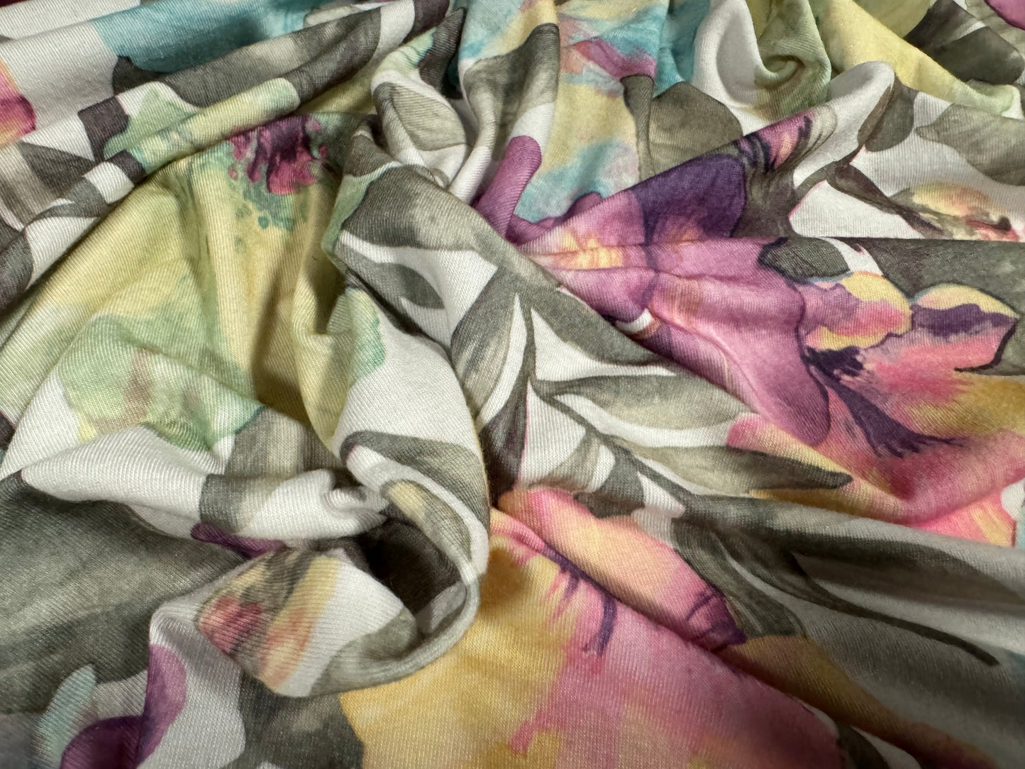 Soft handle stretch single jersey fabric, per metre - lily flower print - green & magenta