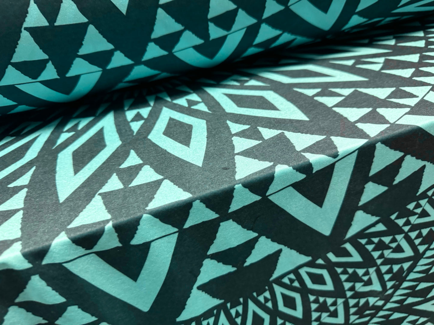 Swimwear stretch spandex jersey fabric, per metre - tribal tattoo print - turquoise