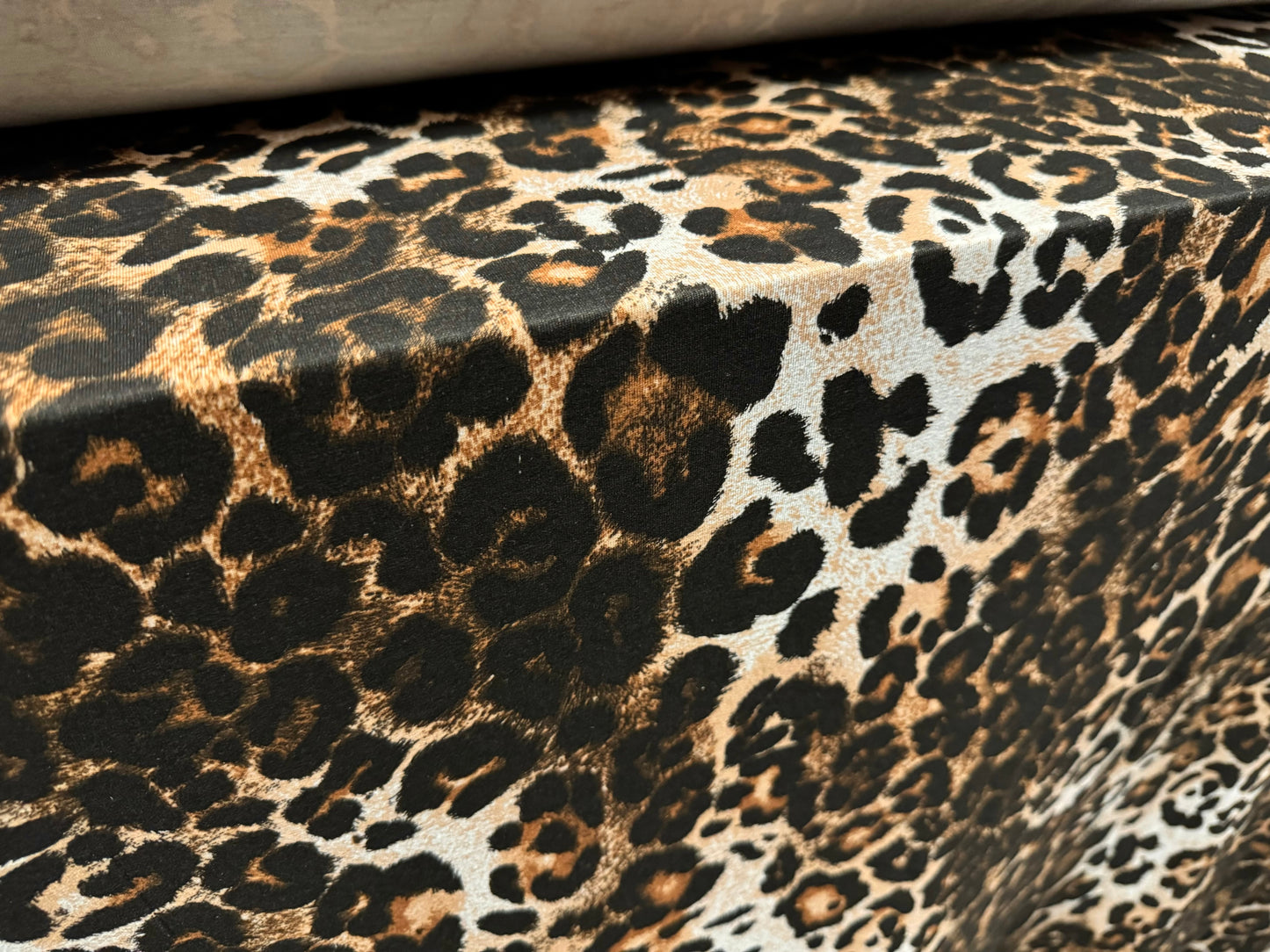 Viscose spandex stretch single jersey fabric, per metre - leopard animal print - cream & brown