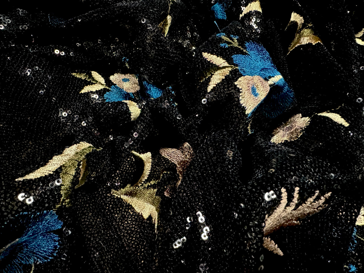 Couture sequin fabric with floral embroidery, per metre - black turquoise & gold