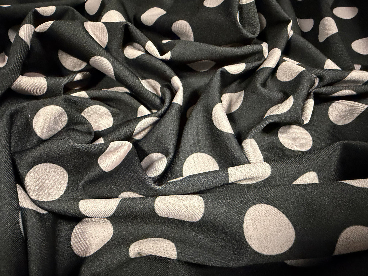 Stretch spandex crepe jersey fabric, per metre - polka dot print - black & grey