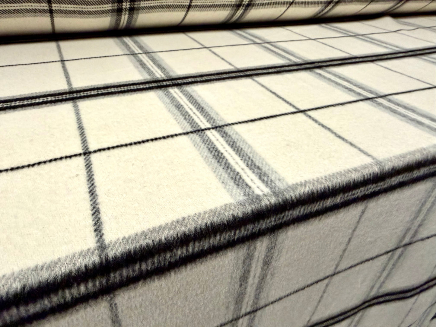 Heavyweight wool flannel coat jacket fabric, per metre - plaid check - cream grey & black