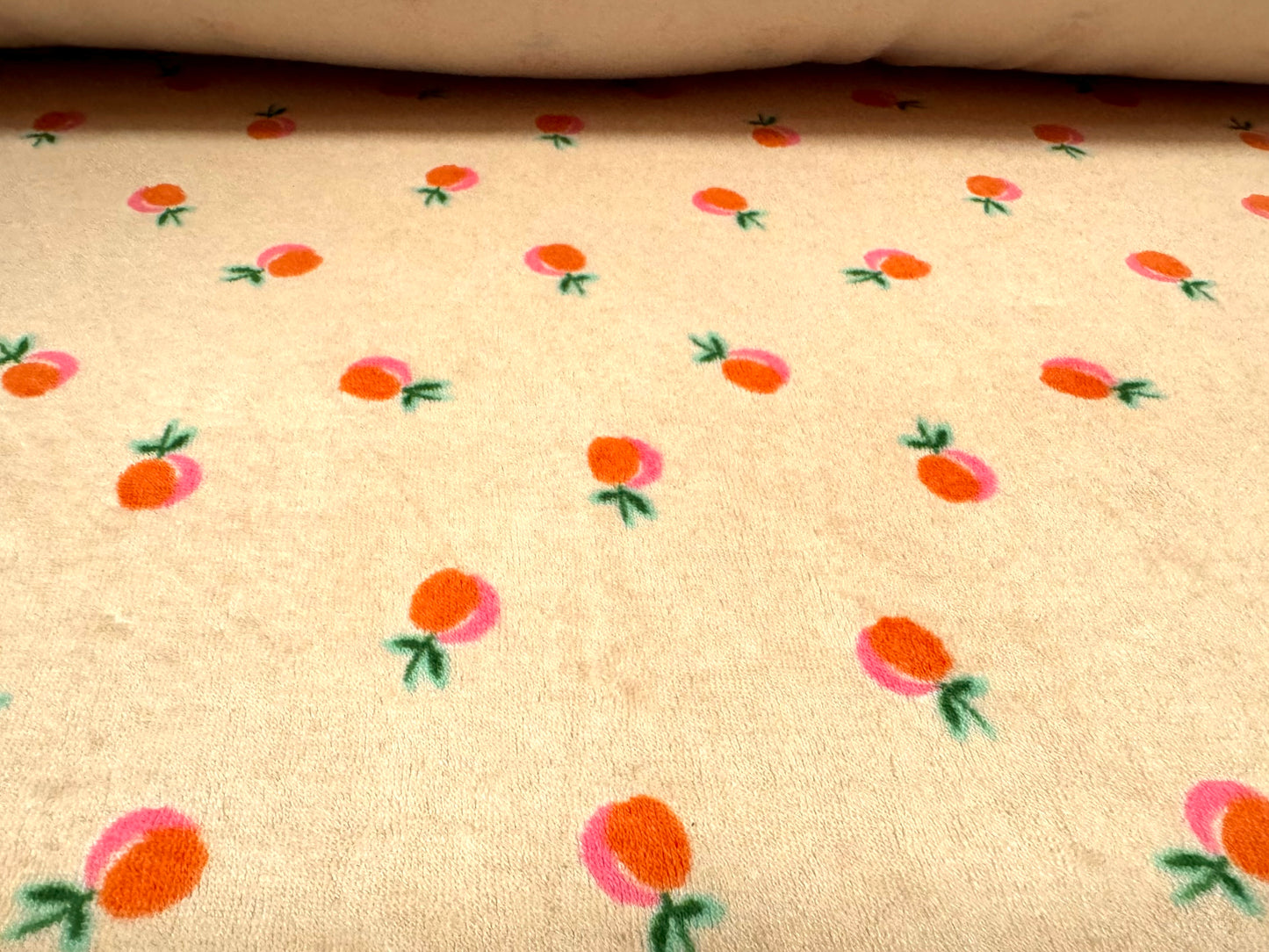 Cotton close cropped terry towelling fabric, per metre - peach fruit print - orange & peach!