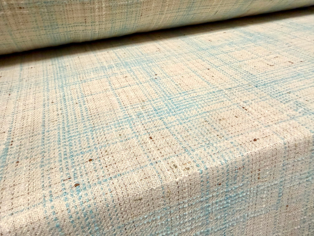 Metallic wool tweed fabric, per metre - check - turquoise & cream