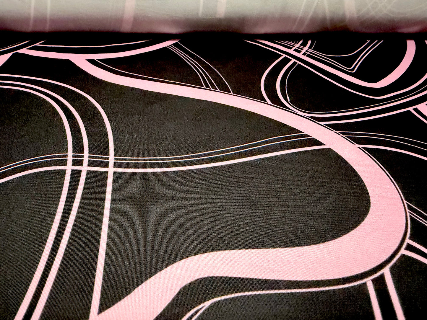 ITY stretch spandex single jersey fabric, per metre - Atomic retro print - black & pink