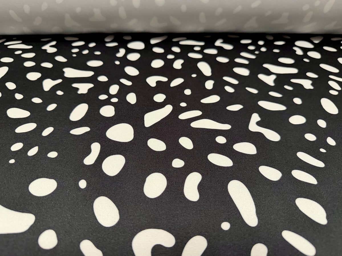 Scuba crepe stretch double jersey fabric, per metre - blob print - black & white
