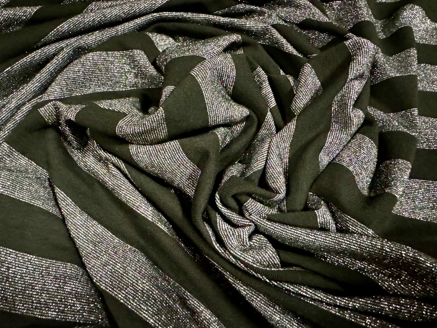 Metallic stretch single jersey fashion fabric, per metre - lurex stripe - black & silver