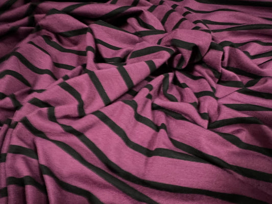 Viscose spandex stretch single jersey fabric, per metre - stripe - damson & black