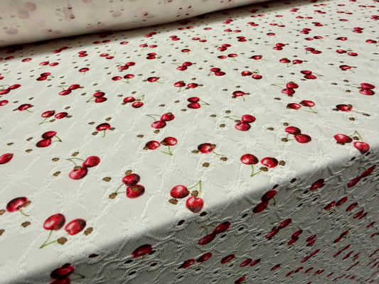 Broderie anglaise stretch spandex jersey fabric, per metre - cherry print - ivory & cerise