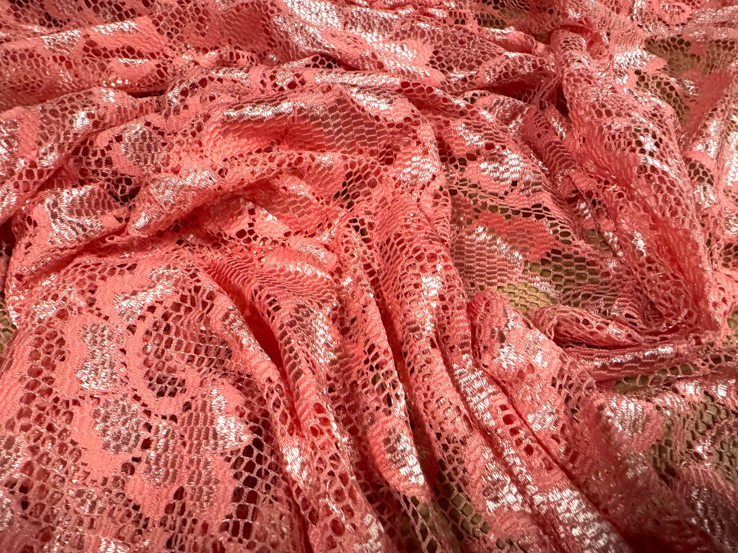 Stretch spandex lace dress fabric with scalloped selvedge, per metre - floral - flamingo pink