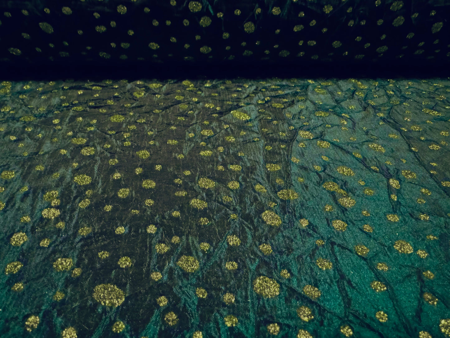 Taffeta faux silk fabric - metallic raindrop print - dark emerald green & gold glitter